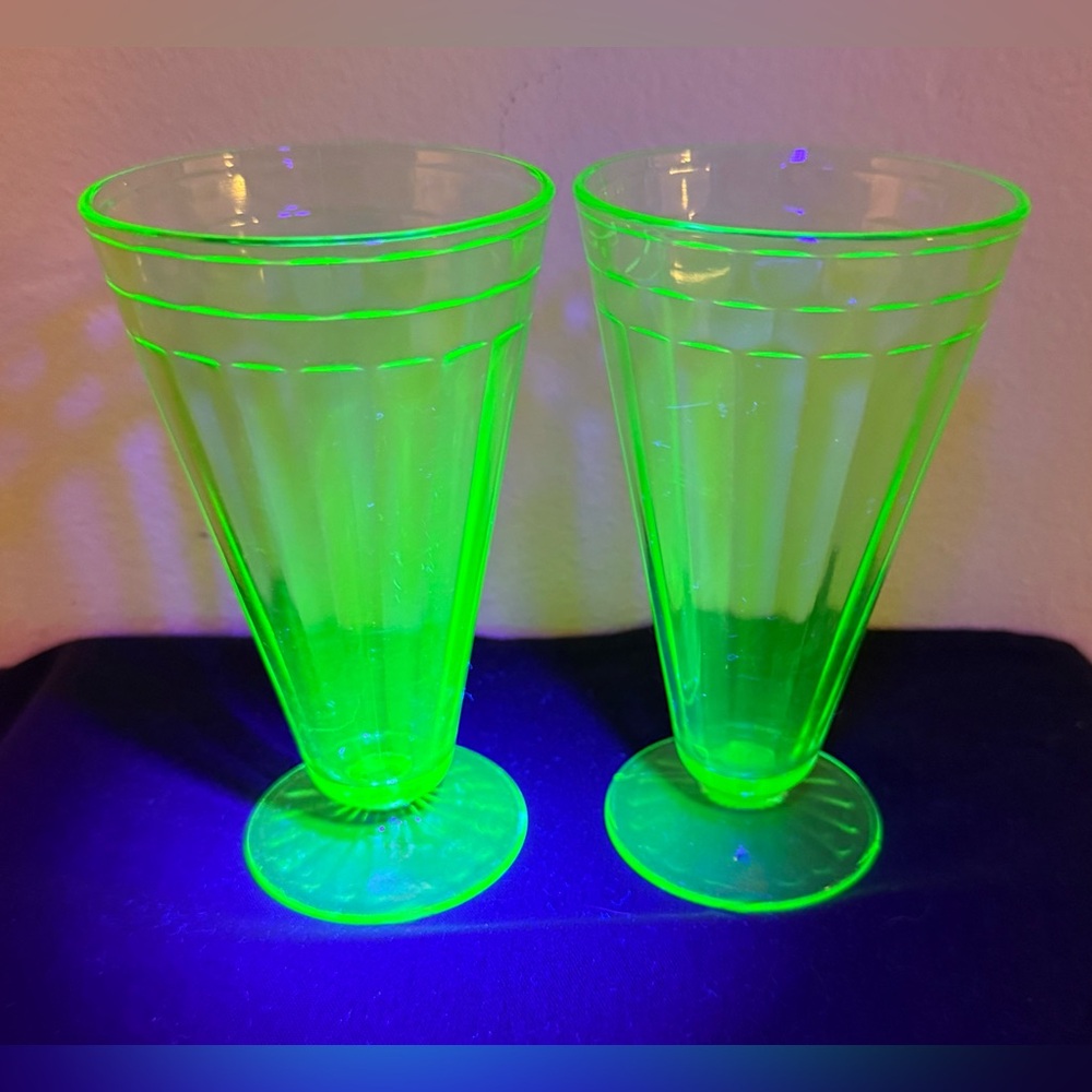 2 Uranium / Vaseline green depression glass. Circa 1920s 6”.